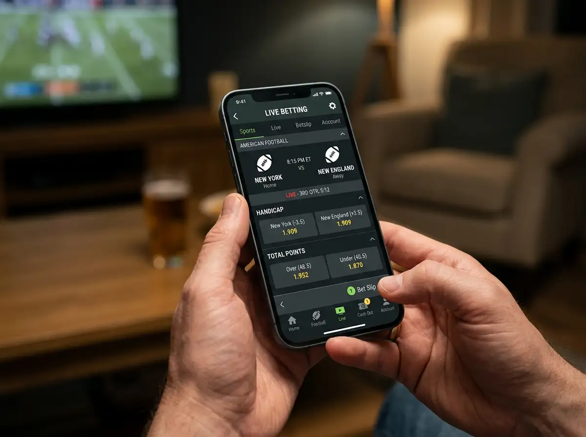 Close-up of a British punter's phone showing NFL handicap odds on a UKGC-licensed bookmaker app — decimal odds format