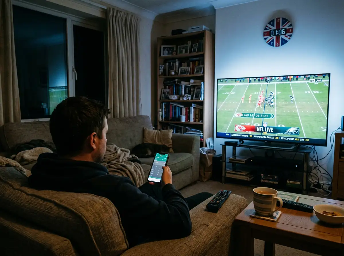Person watching an NFL game on a large TV at night in a British living room, mobile phone with betting app in hand showing live in-play market