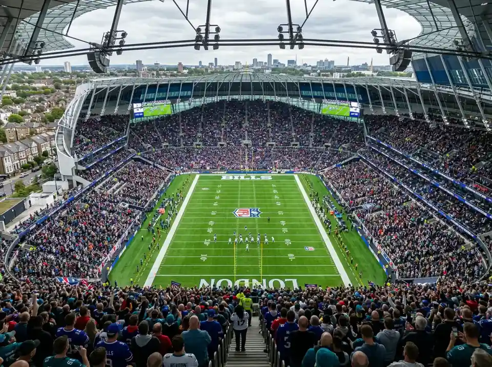 Packed NFL stadium in London with British fans holding flags — record crowd for an overseas regular-season game